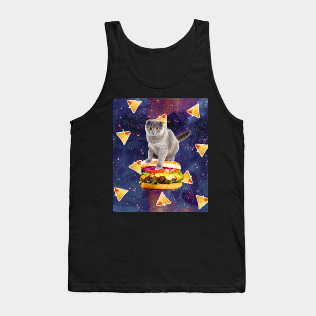 Space Kitty Cat Riding Burger With Nachos Tank Top by Random Galaxy